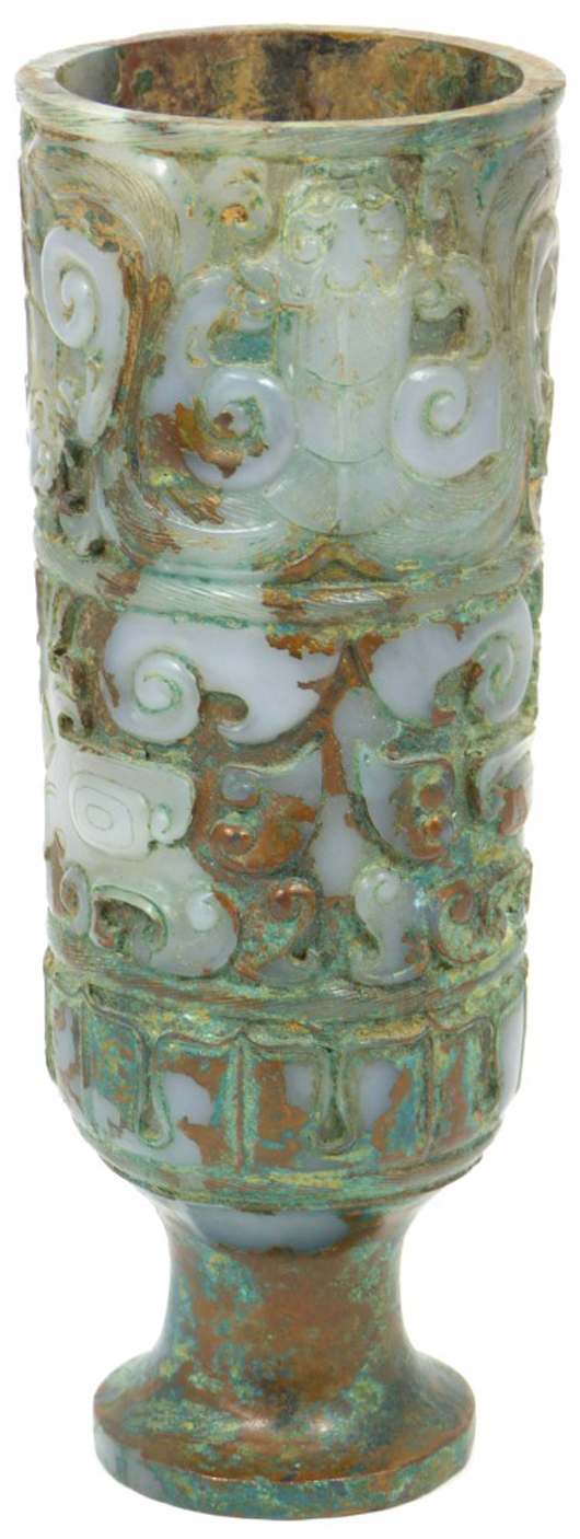 Important and rare white jade Chinese goblet dating to the Warring States period (400-220 B.C.). Image courtesy of Elite Decorative Arts.   